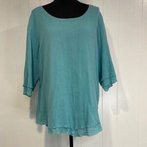 Soft Surroundings Blouse 3/4 Sleeve Gauzy Coastal Beachy Teal Green Size Large